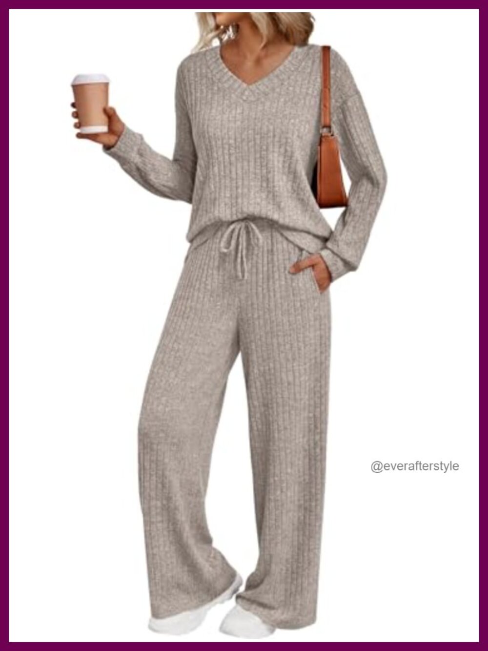 Ribbed Knit V-Neck Lounge Set Wide Leg Pants